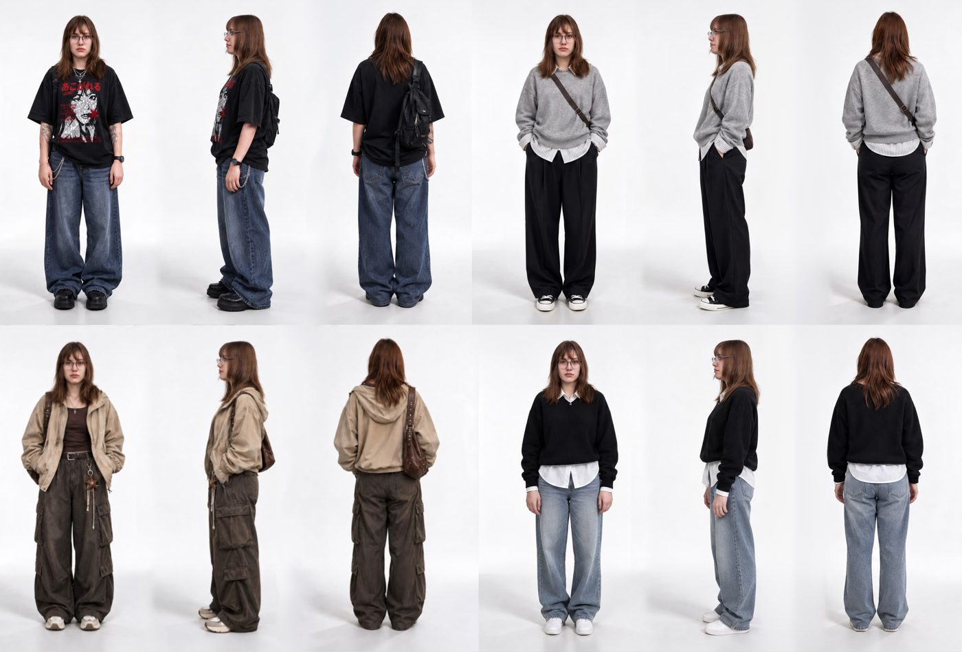 Ejemplo de paneles de personaje con cuatro outfits distintos