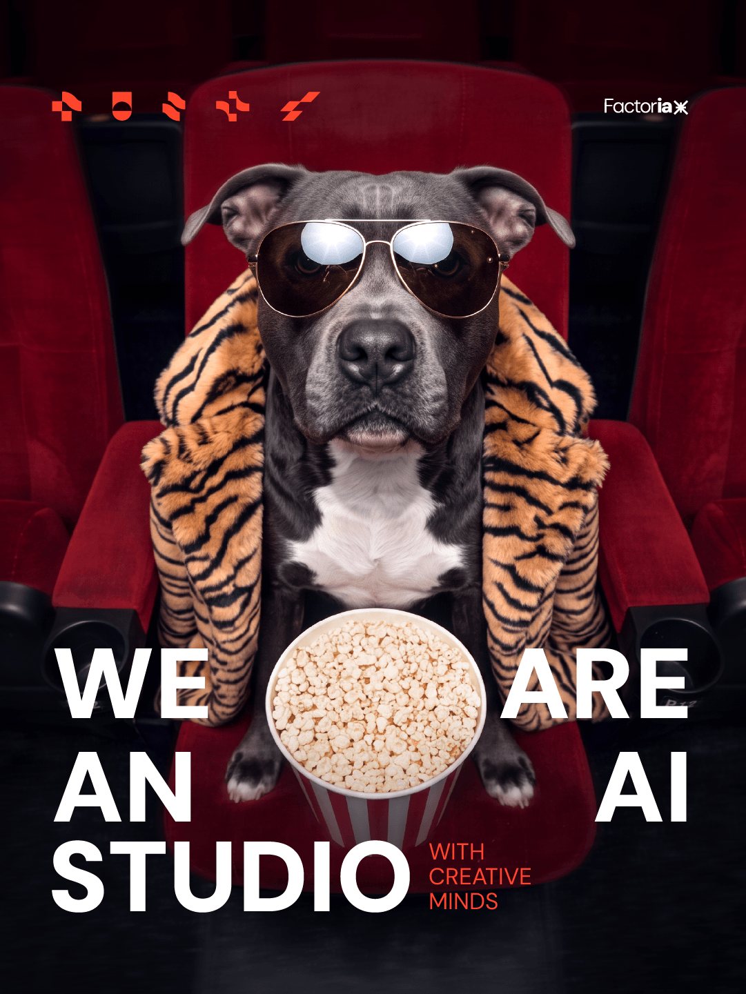 Afiche 'We are an AI studio with creative minds' con el perro en el cine
