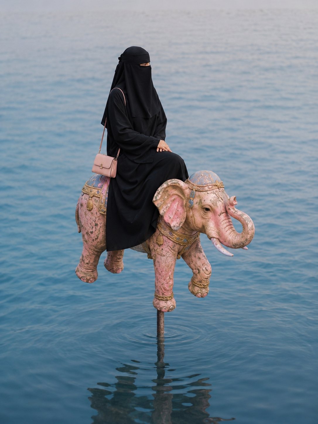 Mujer con niqab y cartera rosada sentada sobre un elefante en el mar