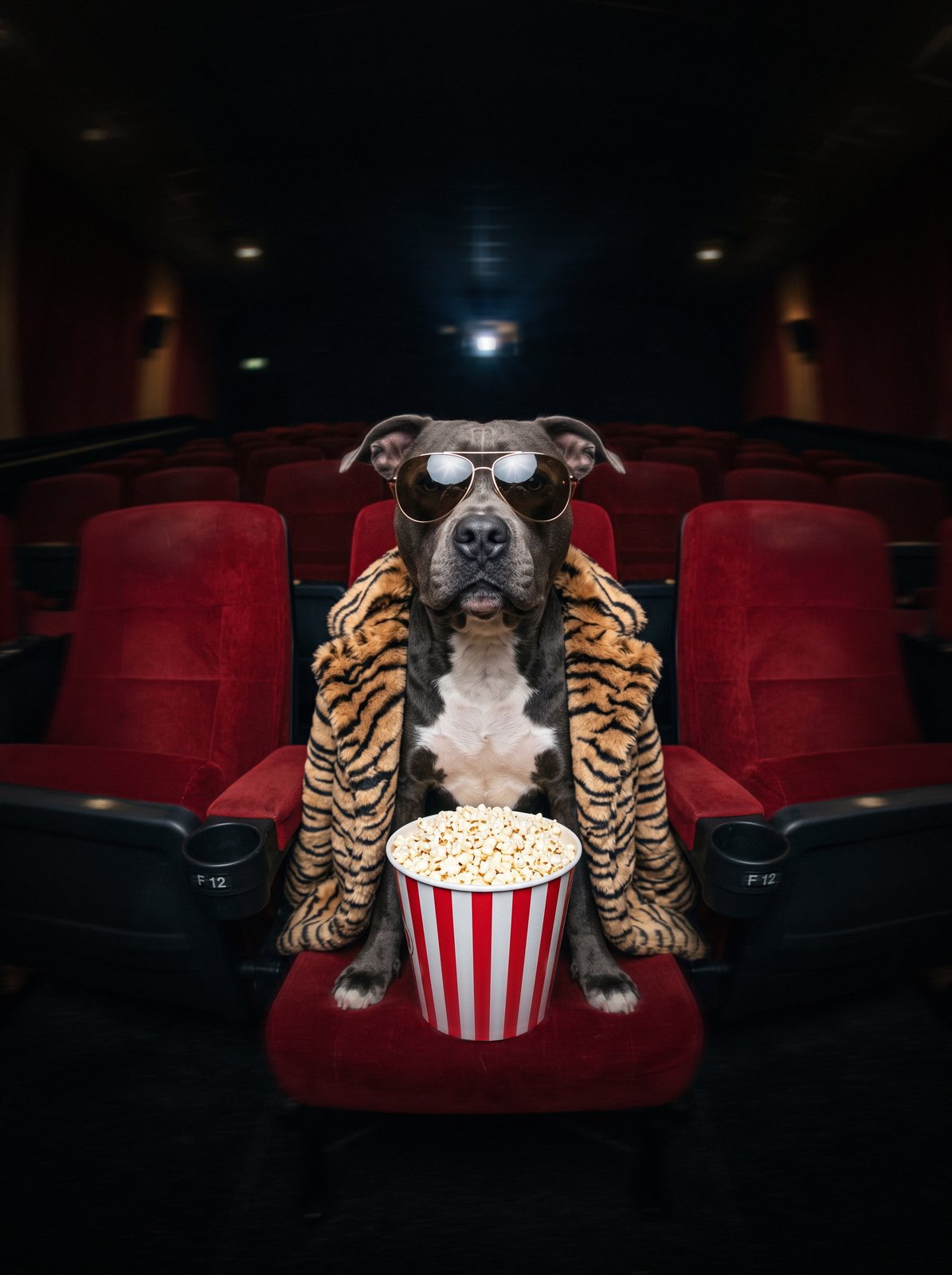 Perro con lentes y abrigo de tigre en una sala de cine con cabritas