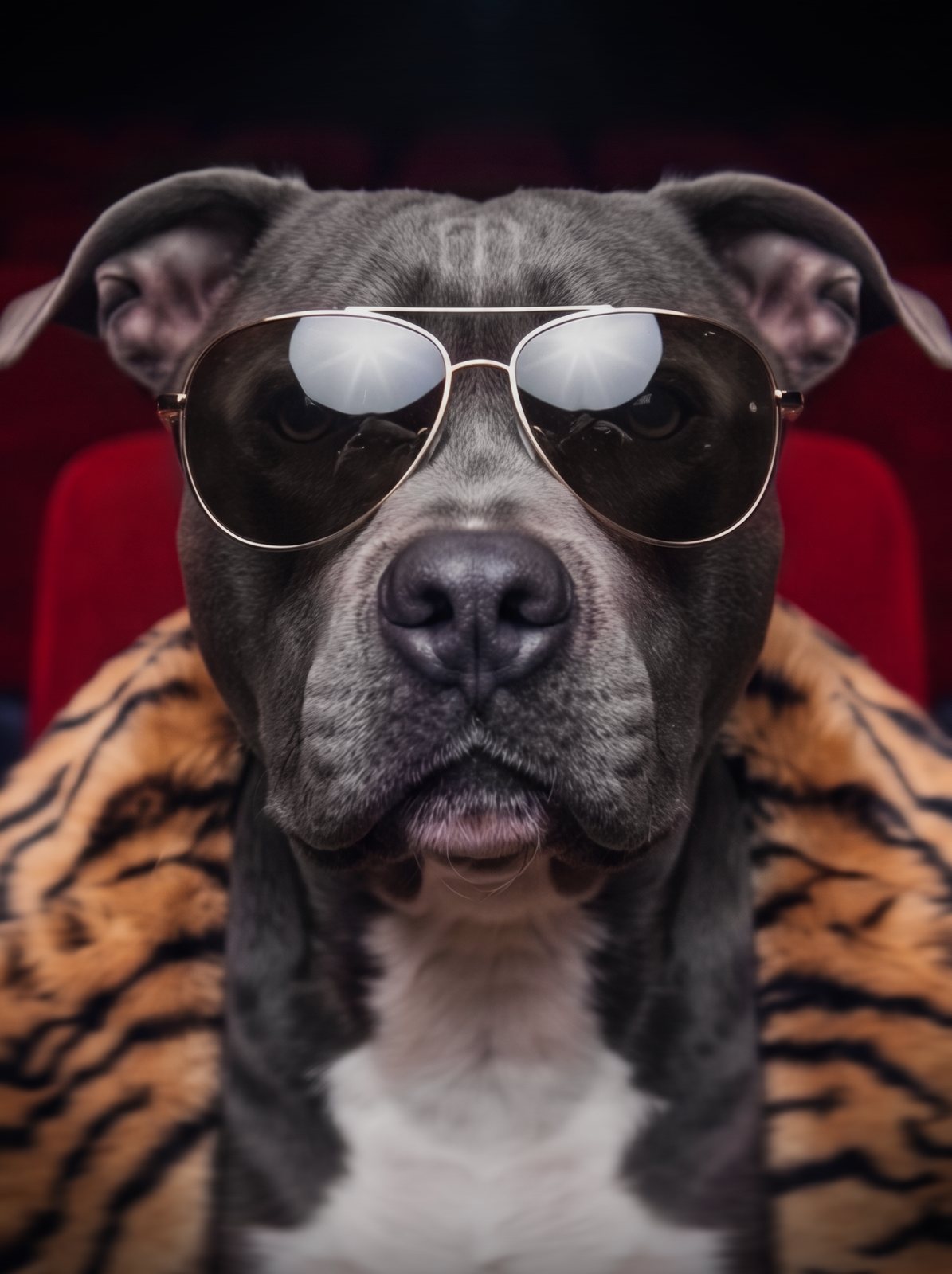 Retrato de un perro con lentes de aviador y abrigo de tigre