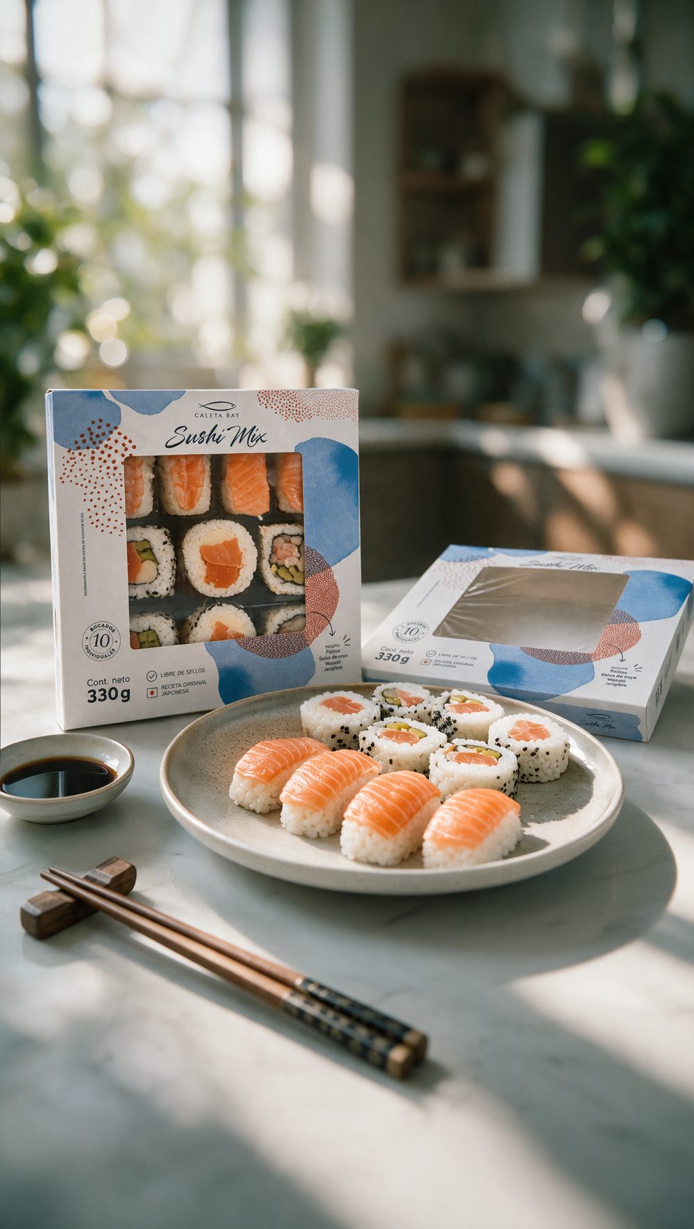 Cajas de Sushi Mix de Caleta Bay junto a un plato de sushi