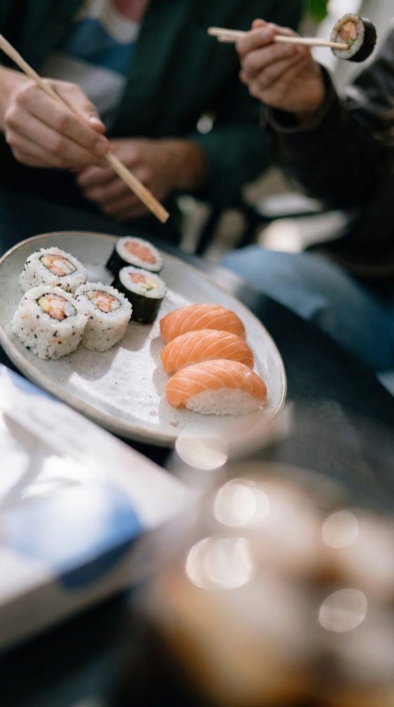 Personas compartiendo un plato de sushi de trucha con palillos