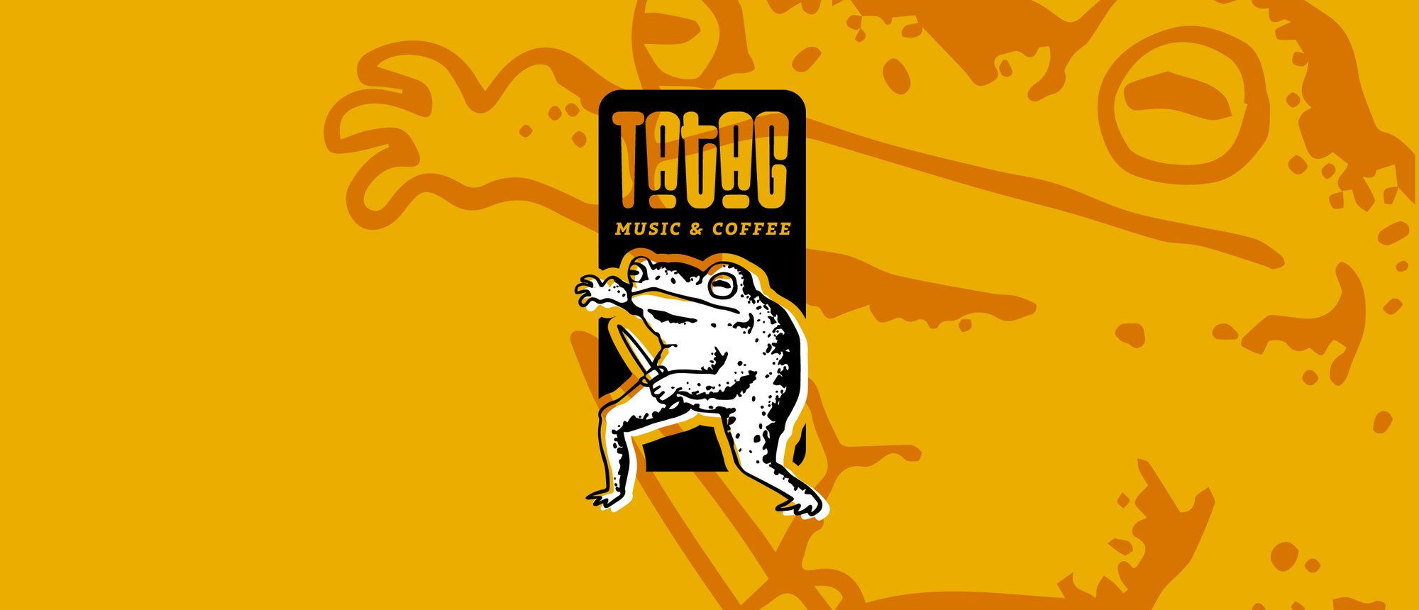 Logo vertical de Tatag Music & Coffee con el sapo sobre fondo amarillo