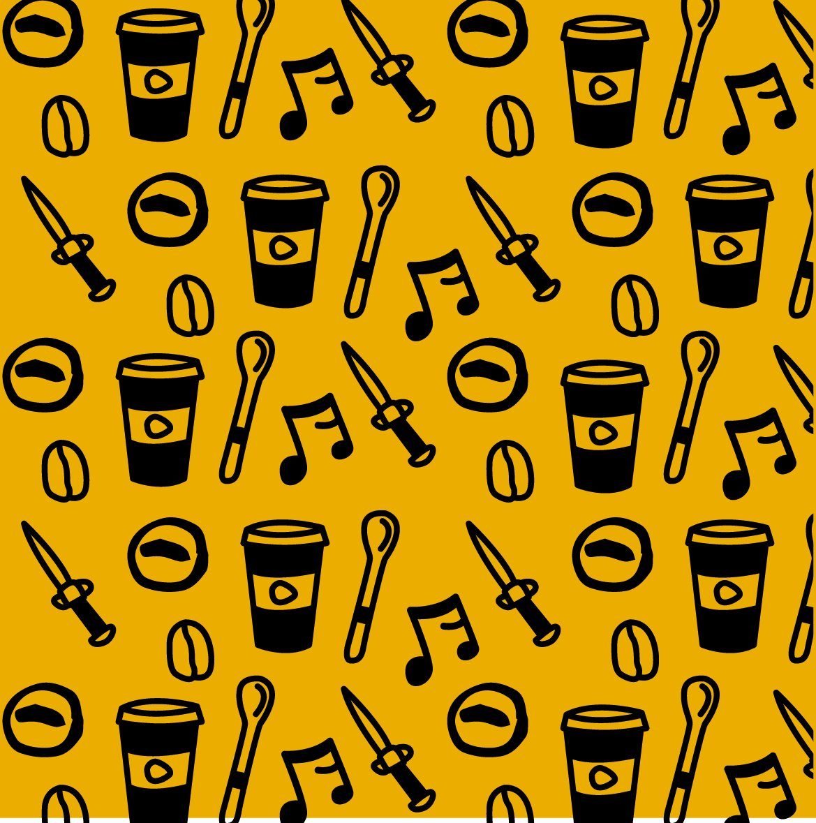 Patrón de vasos de café, cucharas, granos y notas musicales