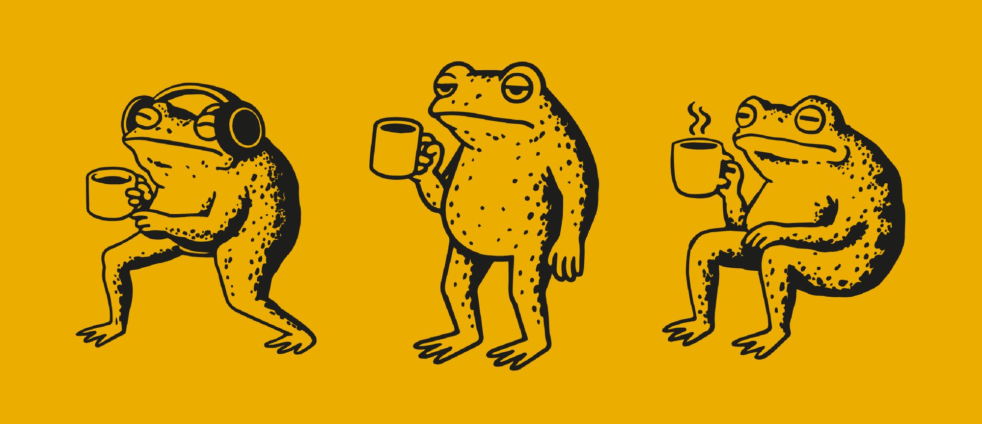 Tres ilustraciones de sapos tomando café