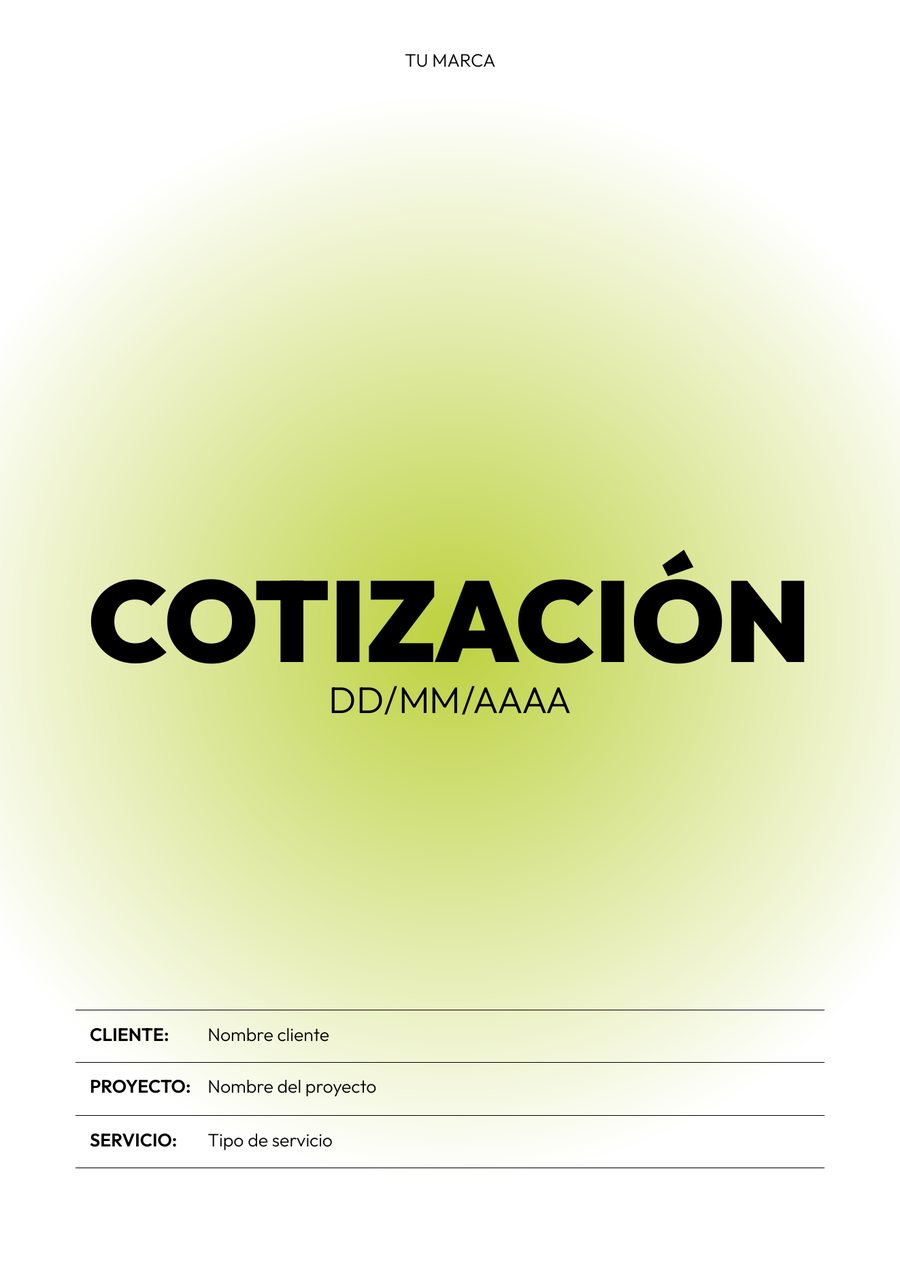 Plantilla de cotización, página 1. Portada con cliente, proyecto y servicio