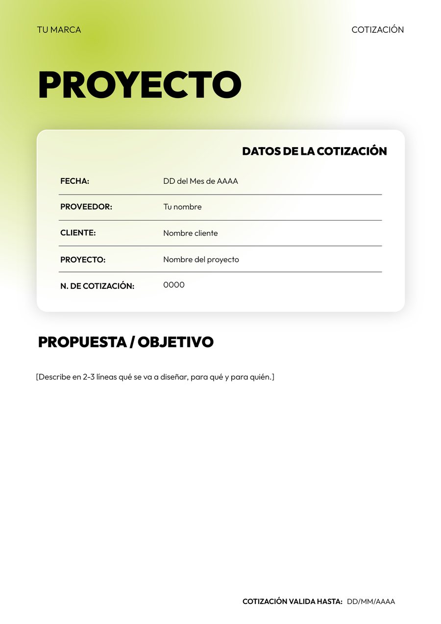 Plantilla de cotización, página 2. Proyecto: datos de la cotización y objetivo
