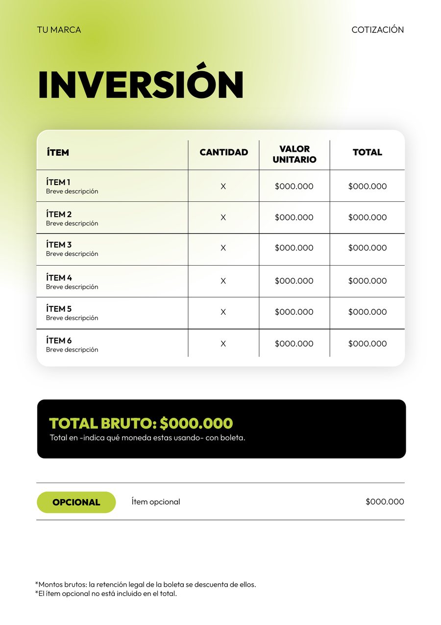 Plantilla de cotización, página 4. Inversión: tabla de ítems, valores y total