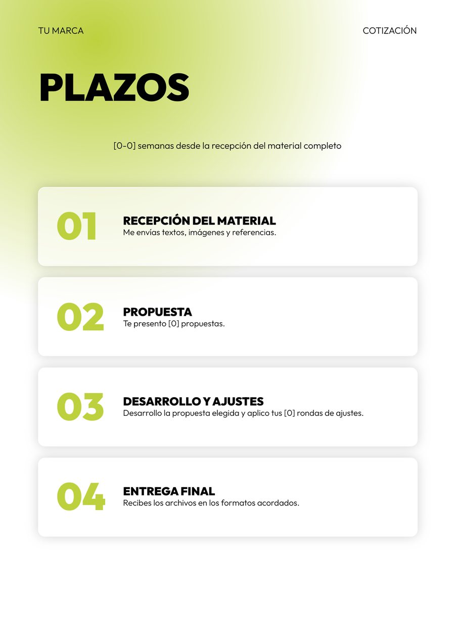 Plantilla de cotización, página 5. Plazos: etapas desde la recepción del material hasta la entrega