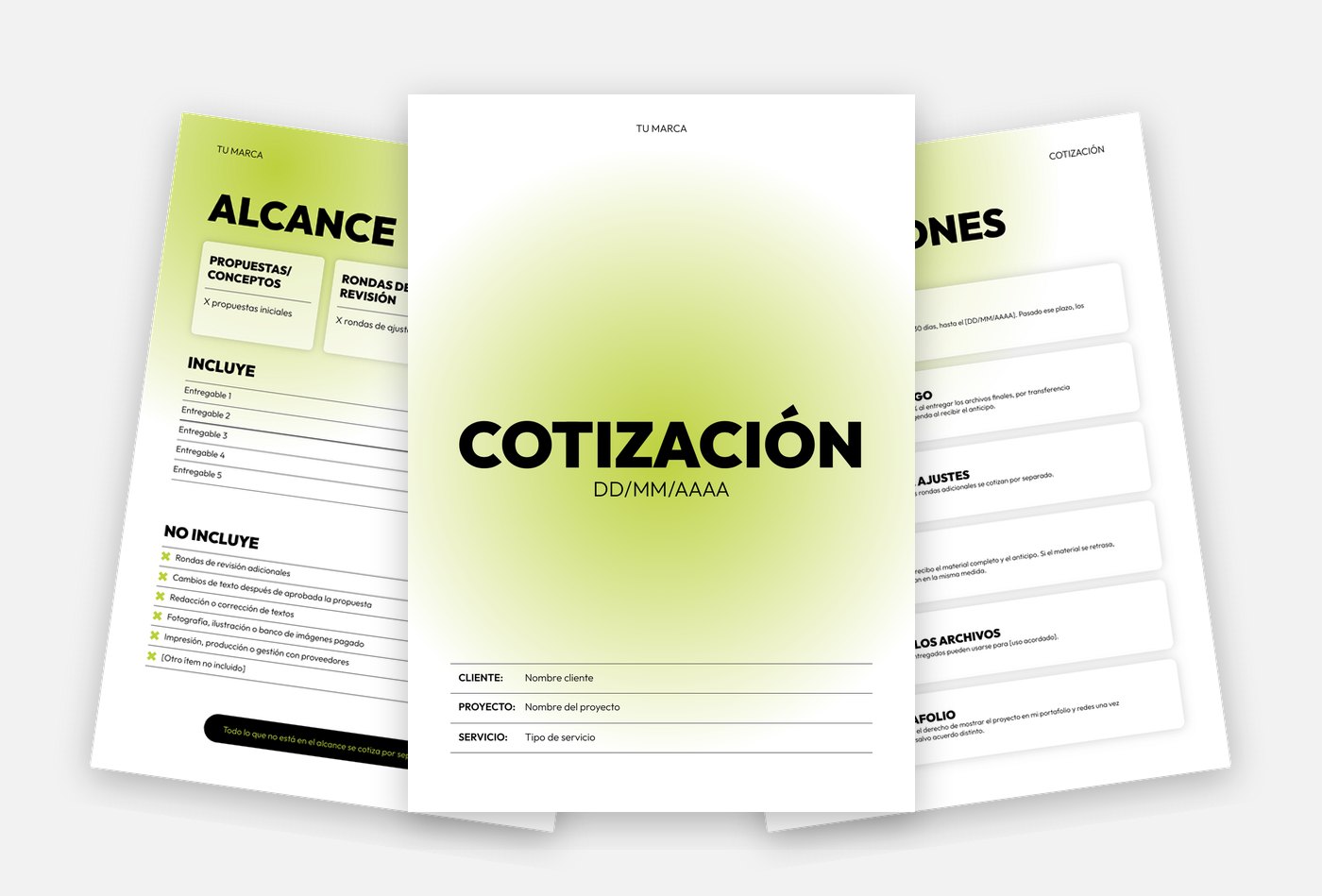Páginas de la plantilla de cotización: portada, alcance y condiciones