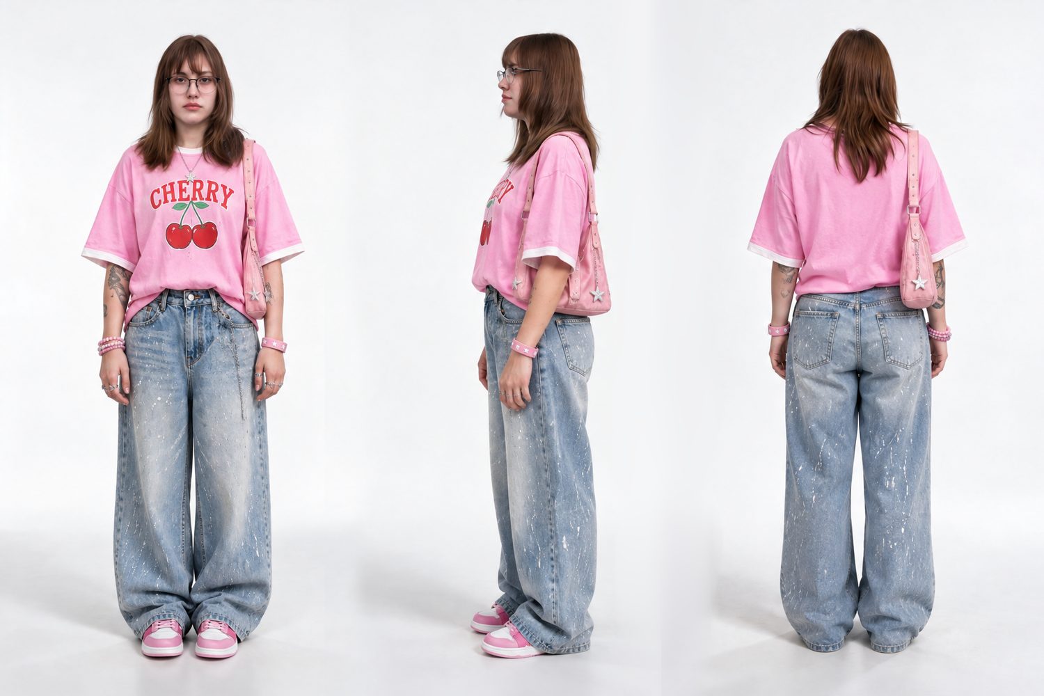 Panel de personaje con polera rosada Cherry y jeans claros