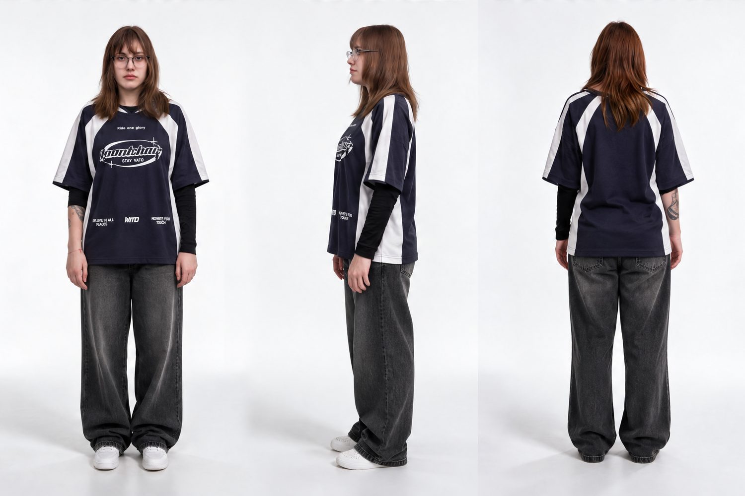 Panel de personaje con polera deportiva azul y jeans grises