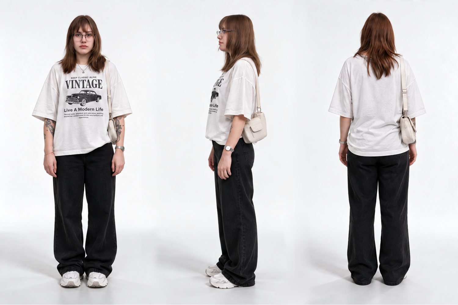 Panel de personaje con polera blanca Vintage y jeans negros