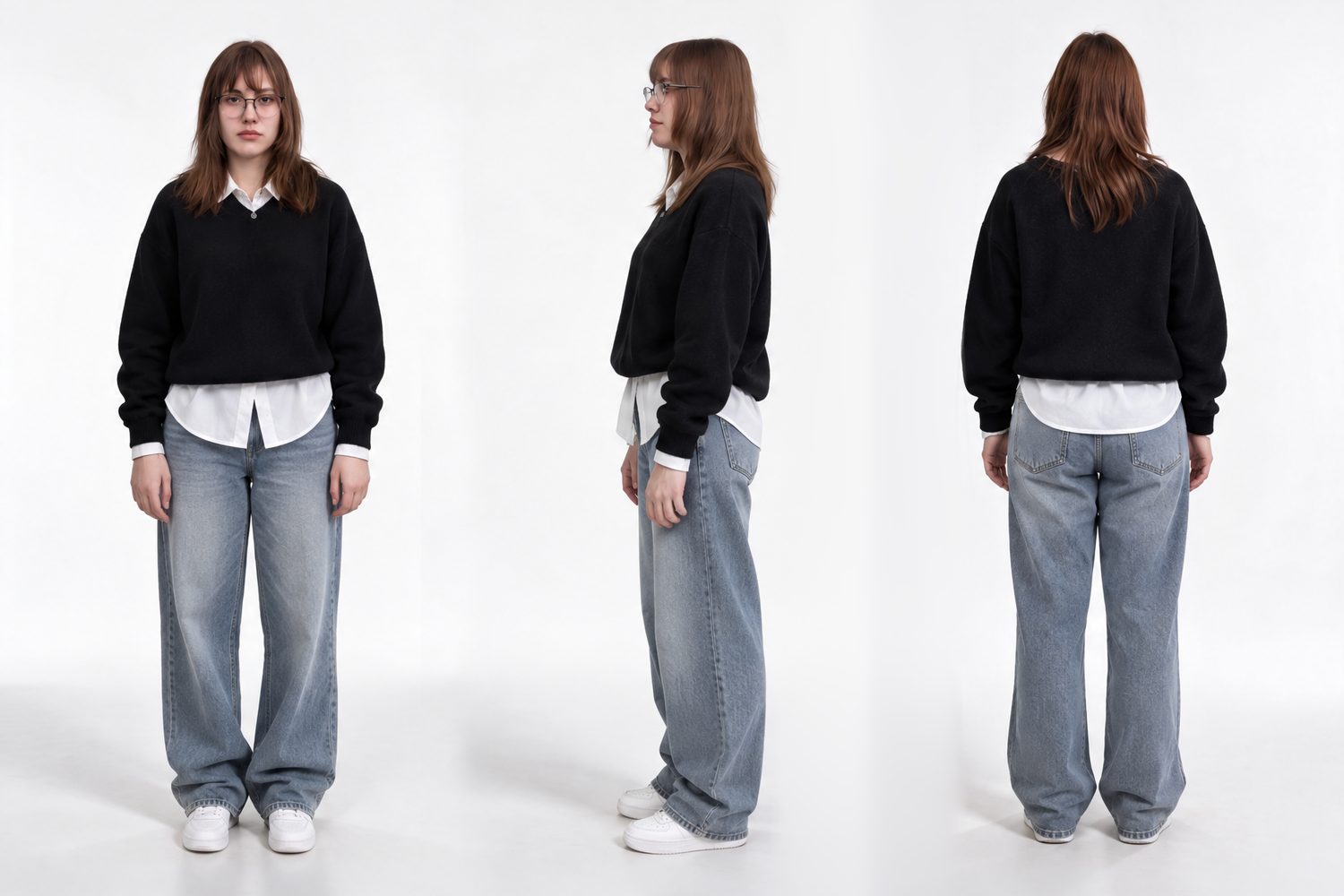 Panel de personaje con chaleco negro, camisa blanca y jeans