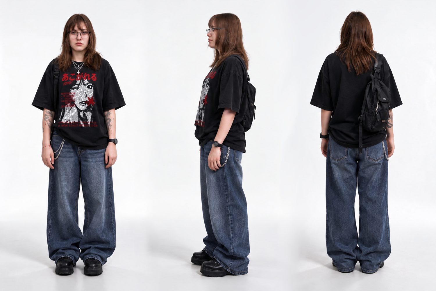 Panel de personaje con polera negra estampada y jeans anchos