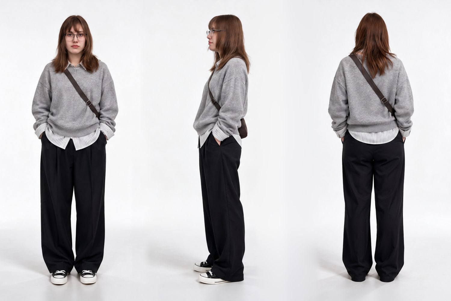 Panel de personaje con chaleco gris, camisa a rayas y pantalón negro